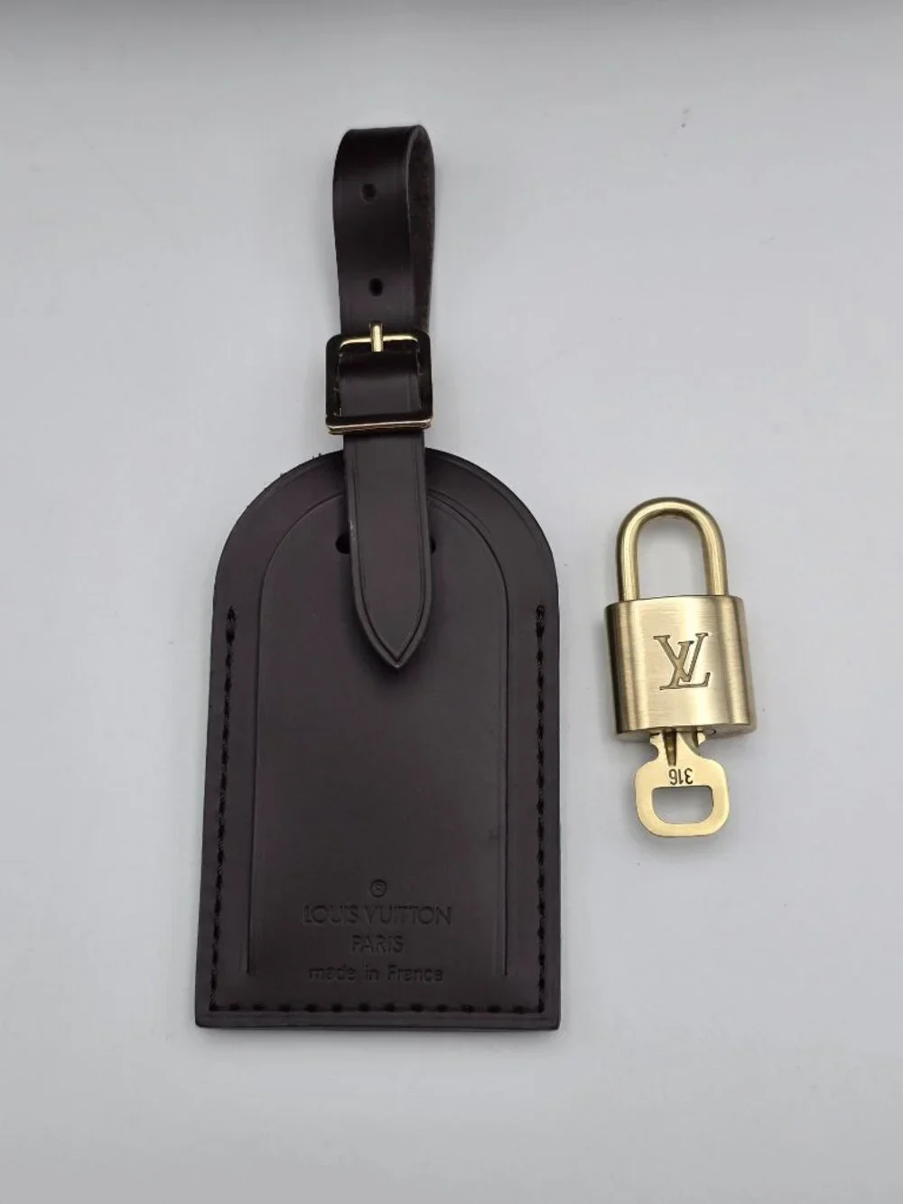 Authentic Louis Vuitton Brown Luggage Tag & Gold Padlock with Key-Made in France